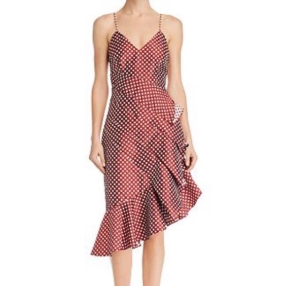 KEEPSAKE THE LABEL Sleeveless Polka Dot Asymmetrical Ruffle Crimson Dress Size S - Picture 1 of 9